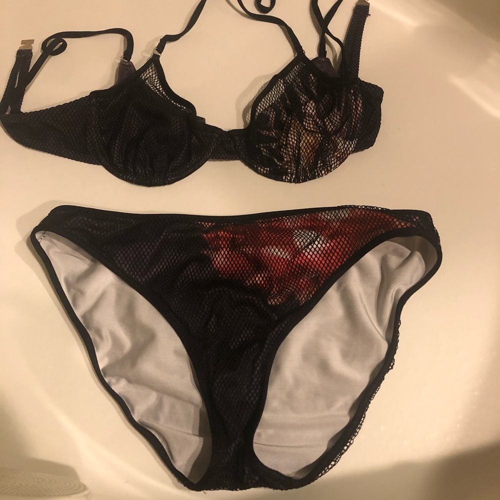 1990's Gianfranco Ferre Black Flower Mesh Bikini